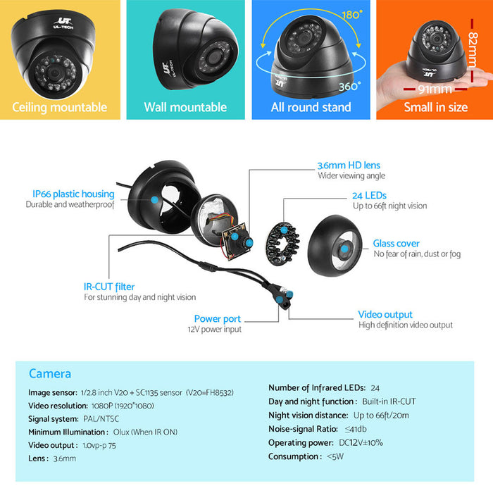 UL-tech CCTV Security 4 Dome Camera 1TB Hard Drive