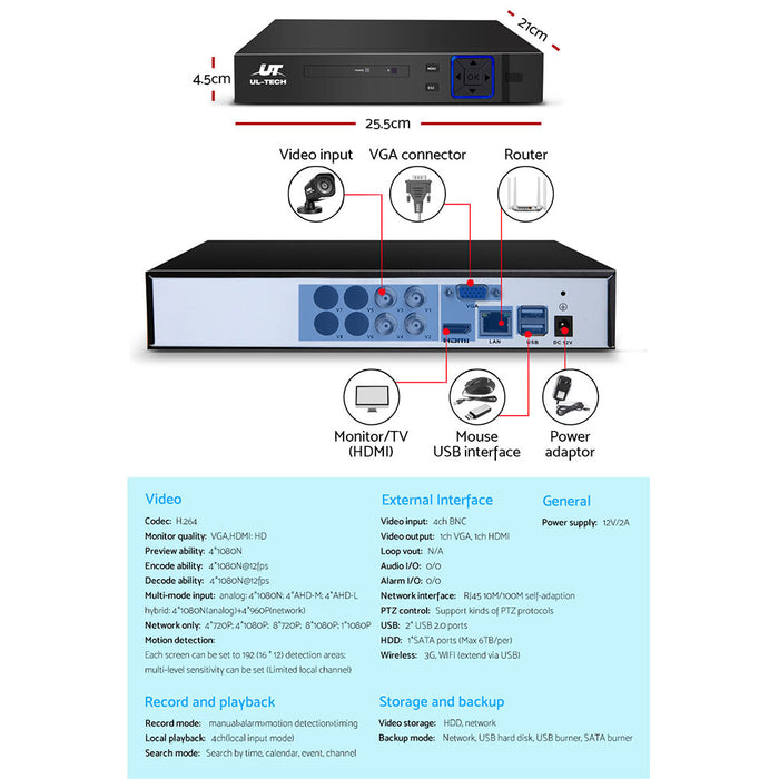 UL-TECH 4 Channel 5-in-1 DVR CCTV Security System Video Recorder 4 HDMI  Cameras 1080P