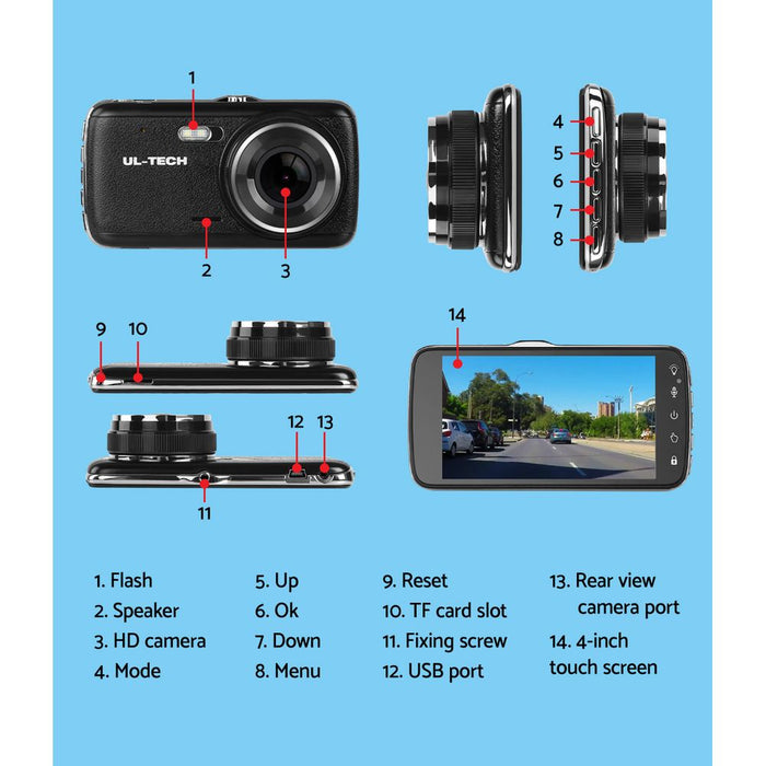 UL Tech 4 Inch Dual Car Road Dash Camera - Black