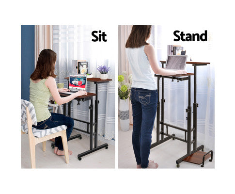Artiss Twin Sit-Stand Table Desk - Dark Wood