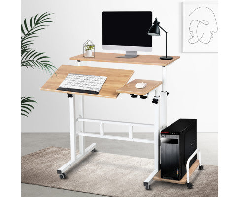 Artiss Twin Double Laptop Notebook Sit-Stand Table Desk - Light Wood