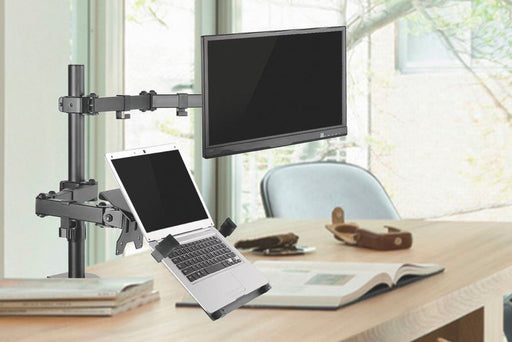 Brateck Economical Double Joint Articulating Steel Monitor Arm with Laptop Holder for 13"-32" Monitors, Up to 8kg/Screen