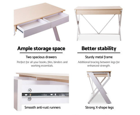 Artiss Metal Laptop Desk with Drawer White with Oak Top