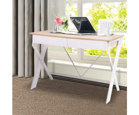 Artiss Metal Laptop Desk with Drawer White with Oak Top