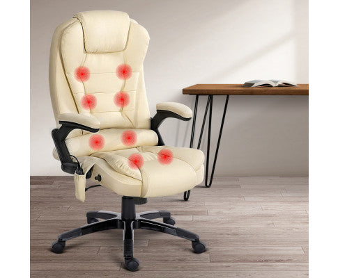 8 Point PU Leather Reclining Office Massage Chair - Beige