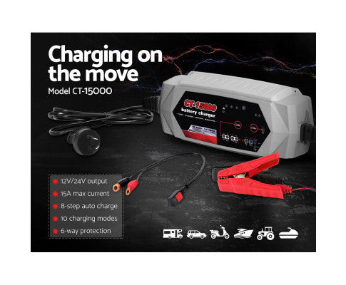 Smart Battery Charger 15A 12V 24V Automatic SLA AGM Car Truck Boat Motorcycle Caravan