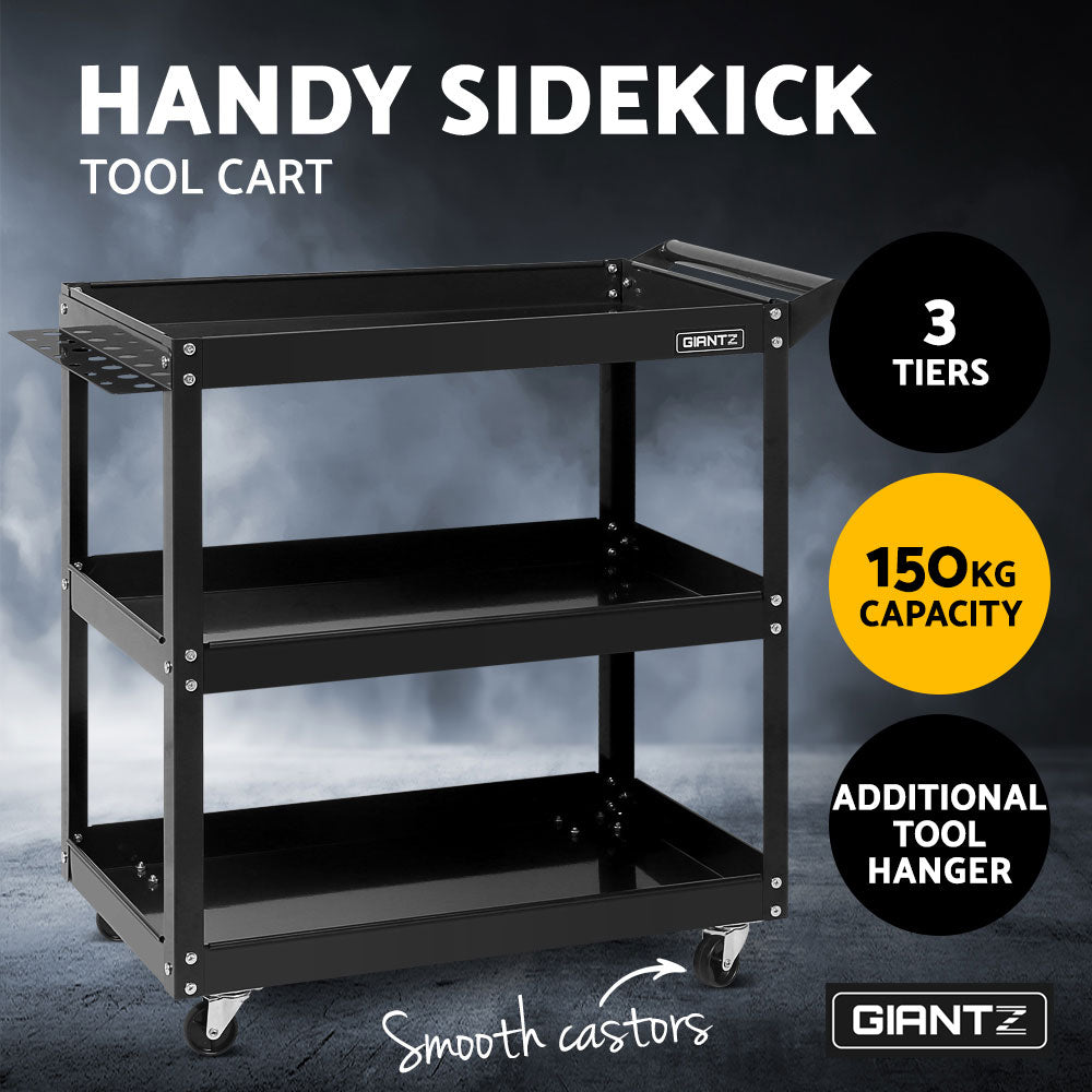 Giantz Tool Cart 3 Steel Shelves Trolley Black